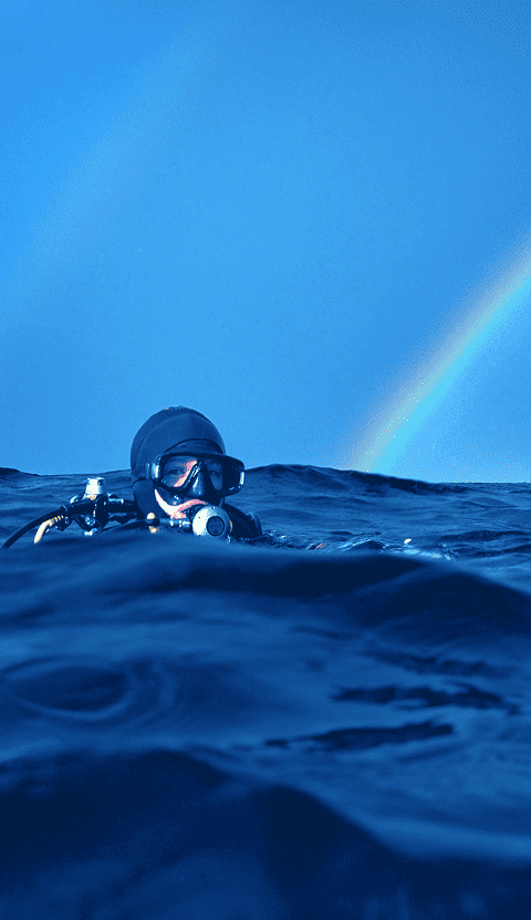 A scuba diver explores the ocean, with a vibrant rainbow arching across the sky in the background.